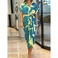 thumbnail image 2 of Women Button Down Ruched Shirt Dress Short Sleeve Lapel V Neck Elegant Party Maxi Floral Dress with Belt Blue S, 2 of 4