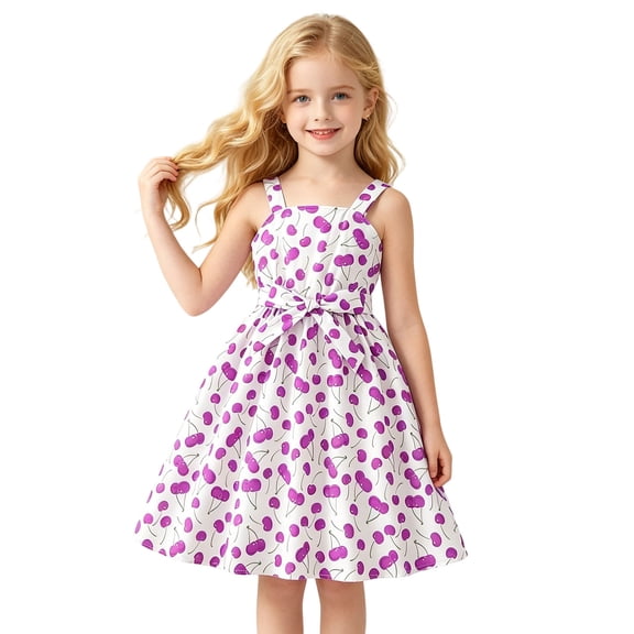 Fgnfyis Girls Summer Dresses Cherry Print Sleeveless A Line Swing Bowknot Waist Casual Toddler Summer Dress 9-10 Years