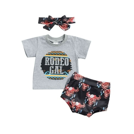 

Binwwede Baby Girls Set Short Sleeve Letters Print T-shirt with Cow Head Print Shorts and Hairband