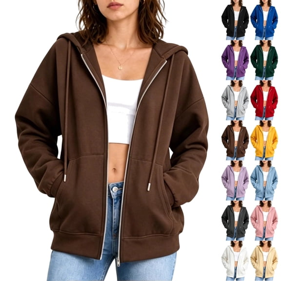 UDAUDU Womens Zip Up Hoodies 2026 Fall Winter Long Sleeve Hoodies Oversized Sweatshirts Fall Sweaters Casual Y2K Jackets Clothes Brown L