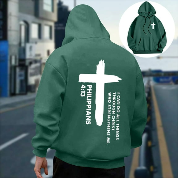 Qulqfy Letter Print Men Hoodies Green Pullover Christian Graphic Hooded Casual Fall Long Sleeve Sweatshirts Mens Sweatshirts L
