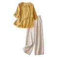 thumbnail image 2 of Women's 2 Piece Set, Embroidered Round Neck Top and Wide Leg Pants, Cotton Linen Matching Outfit for Casual Wear, Daily Outfits, Vacation, and Lounge-Yellow, 2 of 8