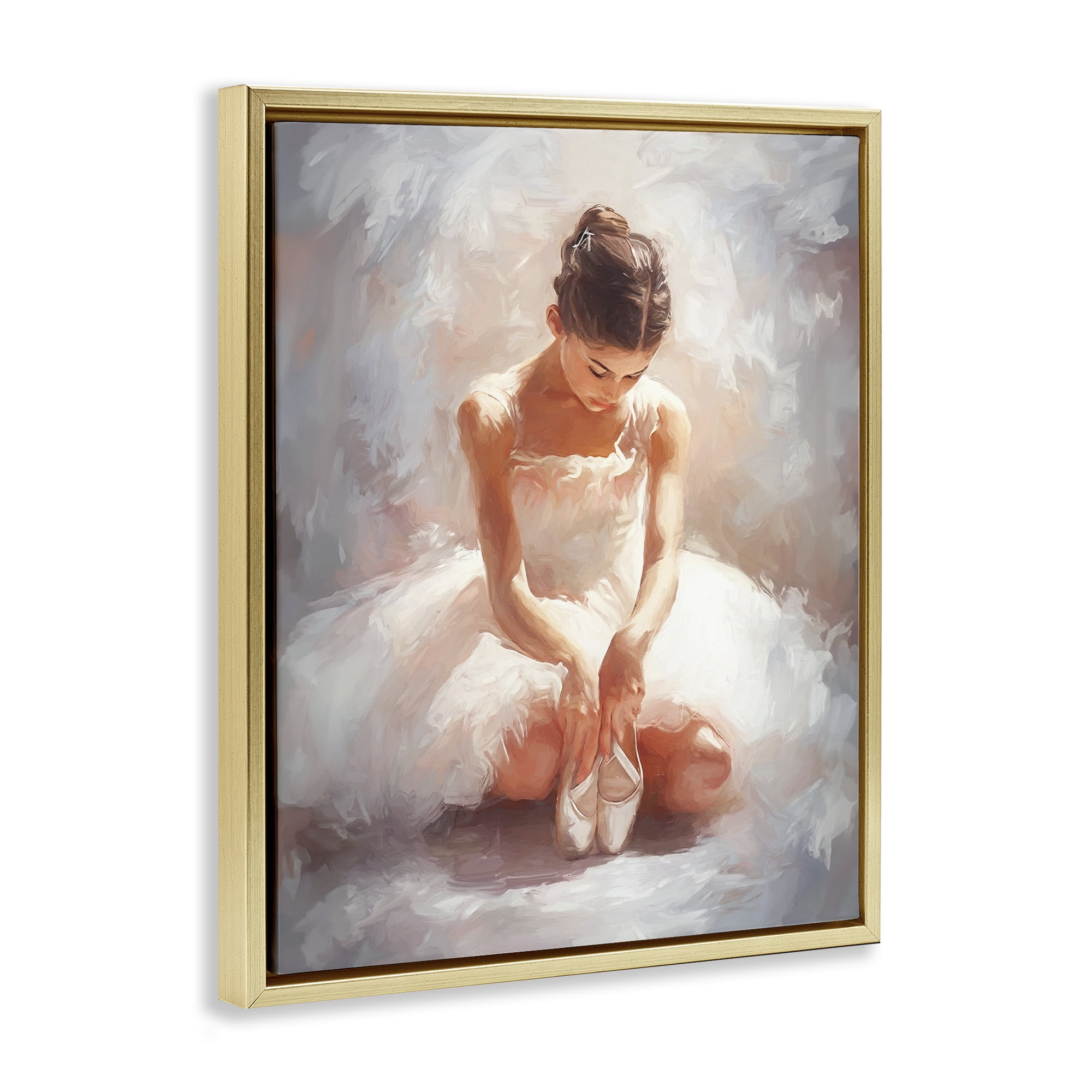 Stupell Industries Serene Ballerina Portrait Novelty Painting Gold Floater Framed Art Print Wall Art, 17 x 21