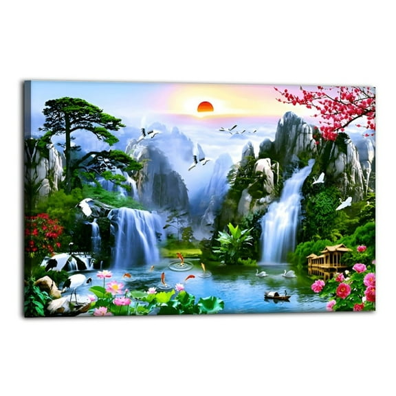 Waterfall Sunset Landscape Natural Ccenery Poster Wrapped Wooden Frame Wall Decor,,Canvas Wall Art for Living Room,Bedroom,Office,Ready to Hang