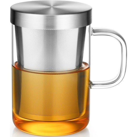 16.9 Oz Borosilicate Glass Tea Mug Cup Tea Glasses with Stainless Steel Infuser & Lid, Loose Leaf Glass Tea Cup Teacup 430mL(Use Capacity)