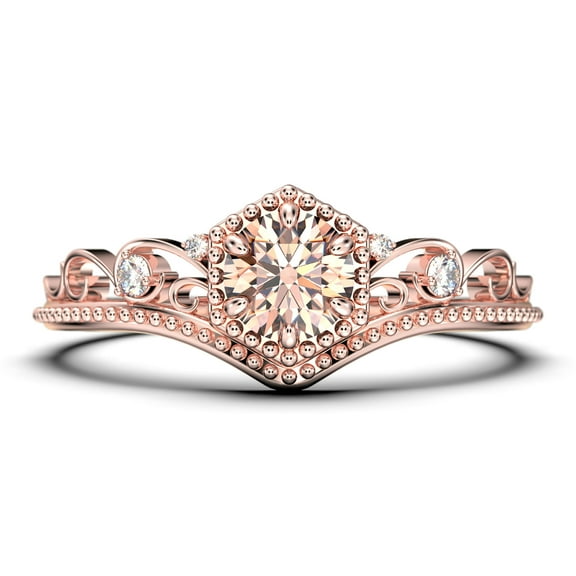Antique Milgrain Art Deco 1.50 Carat Round Cut Crown Morganite And Diamond Moissanite Engagement Ring, Engraved Moissanite Wedding Ring in 10k Solid Rose Gold, Gift, Promise Ring, Anniversary Rings