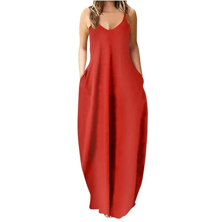

Women s Summer Casual Floral Printed Bohemian Spaghetti Strap Floral Long Maxi Dress with Pockets