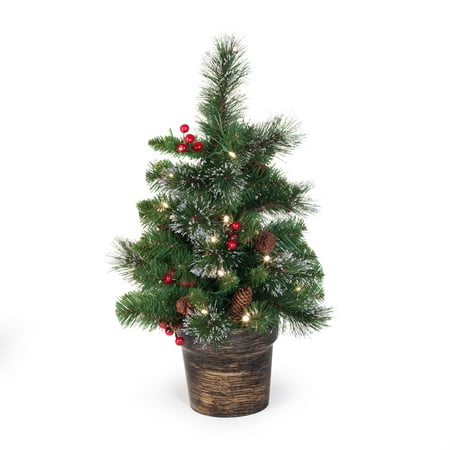 National Tree Pre-Lit 2' Crestwood Spruce Small Artificial Christmas Tree with Silver Bristle, Cones, Red Berries and Glitter in a Plastic Bronze Pot with 35 Battery Operated Clear LED