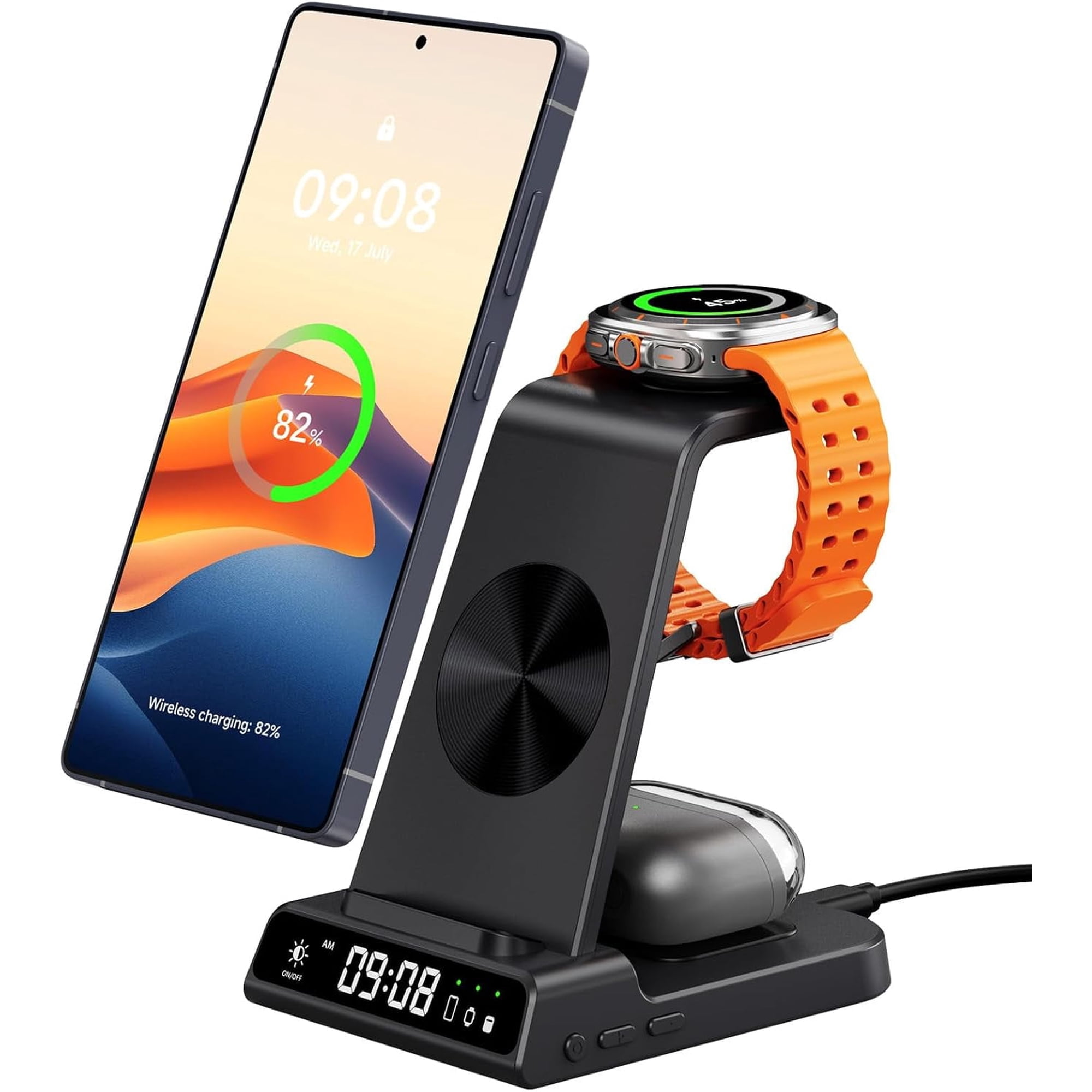 Wireless Charger for Samsung S26 Ultra, Galaxy Watch 9/Ultra 2/8/Buds4 Pro | for Samsung S26+/S25 Ultra/S25/Z Flip8/S24/S23/S22, Galaxy Watch 8/Ultra/7/6/5, Galaxy Buds4 Pro, Space-saving, LED Clock