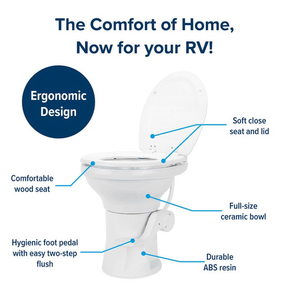 Camco Premium Ceramic Camper/RV Toilet | Features a Gravity Flush System with Convenient Foot Pedal & Full-Sized Ergonomic Design with 18-In Chair Height | Includes Soft-Close Wood Seat & Lid (41710)