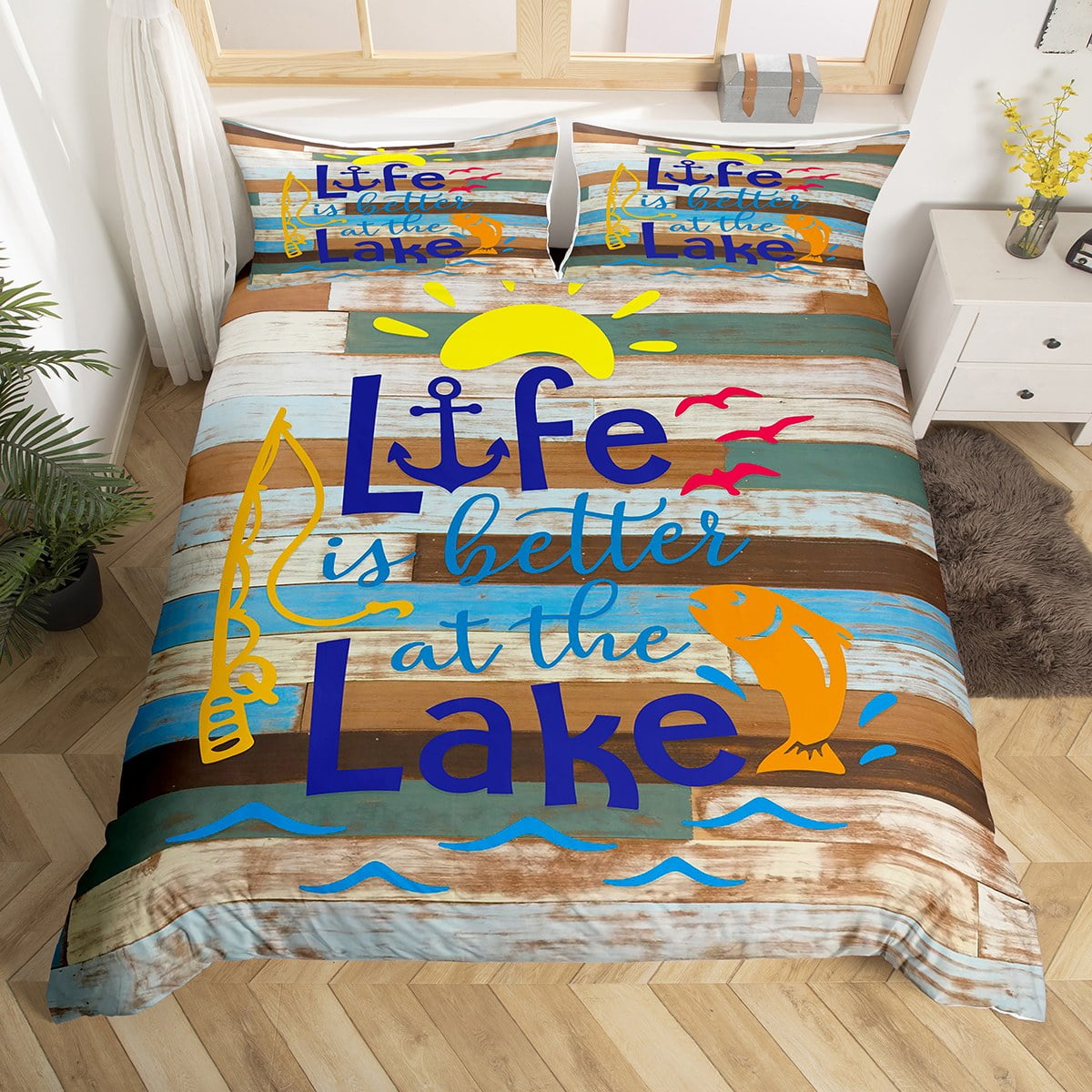 Lake House Duvet Cover Twin Size, Retro Wooden Plank Bedding Set 3Pcs