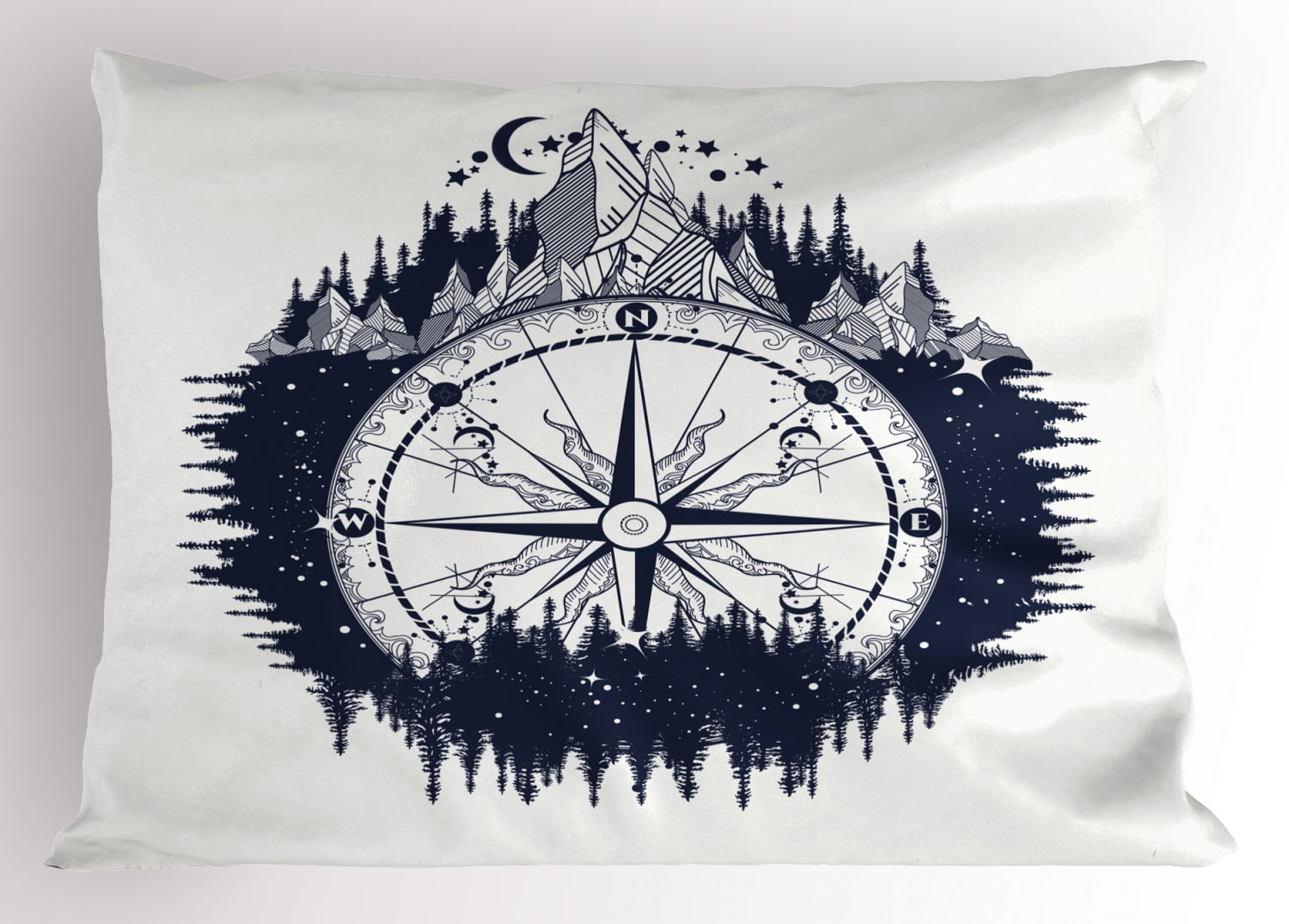 Northwoods Pillow Sham, Antique Compass in the Night Forest Tattoo Art in Boho Style Travel, Decorative Standard Size Printed Pillowcase, 26 X 20 Inches, Dark Blue and Coconut, by Ambesonne