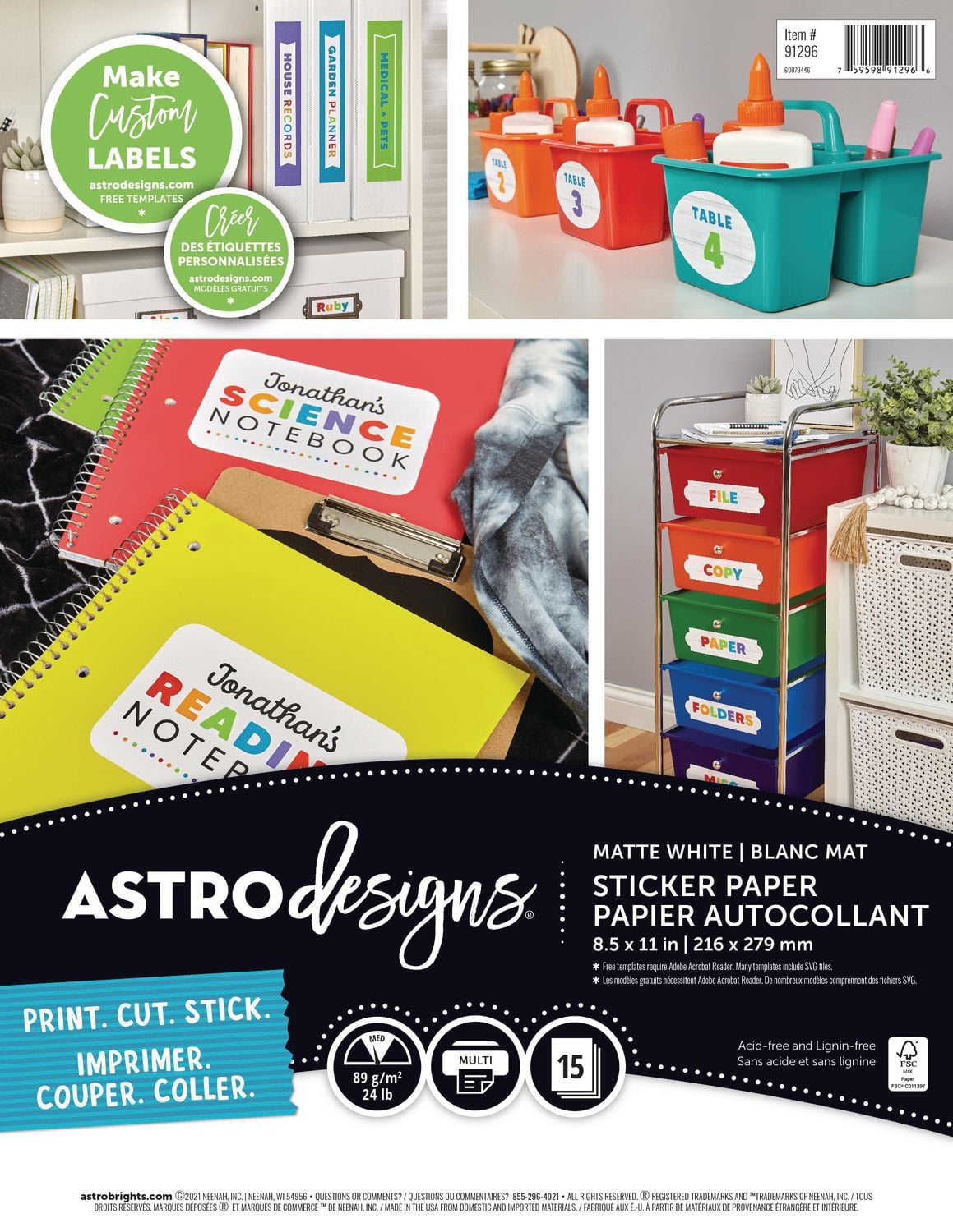 Papier autocollant blanc mat Astrodesigns, format lettre, 15 feuilles