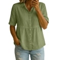 thumbnail image 2 of Craaazy Women's Loose Fit Collared Blouse, Solid Color Short Sleeve Button Down Shirt, Breathable Cotton Linen Casual Top for Daily Wear, Work & Weekend Gifts, 2 of 9