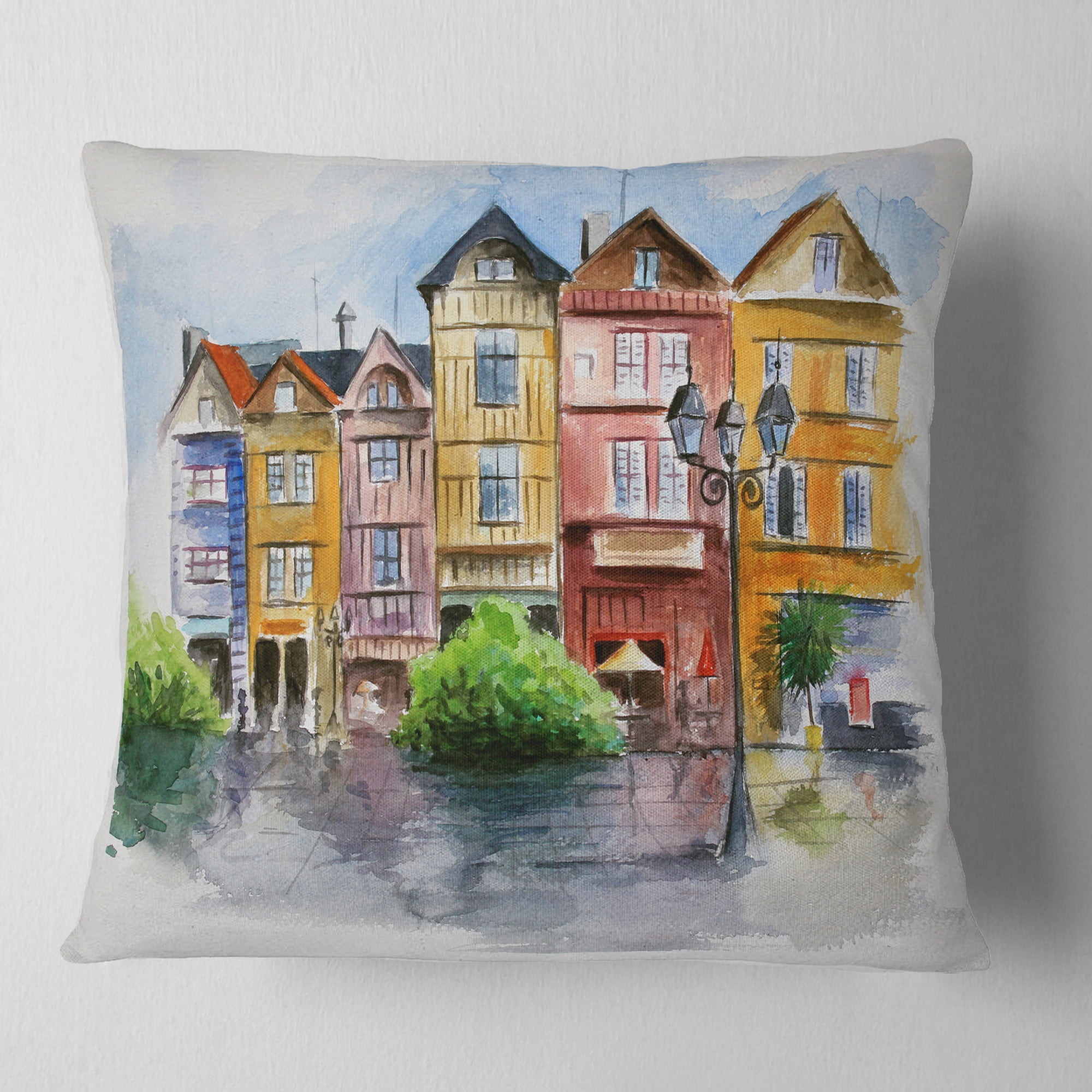 Designart Little City in Watercolor - Landscape Printed Throw Pillow - 18x18