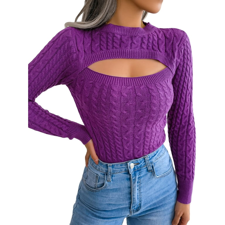 Gureui Women's Cutout Knitted Tops, Fashion Long Sleeve Solid Color Pull-on  Closure Cable Knit Round Neck Slim Fit Sweaters,Purple, Khaki, Pink