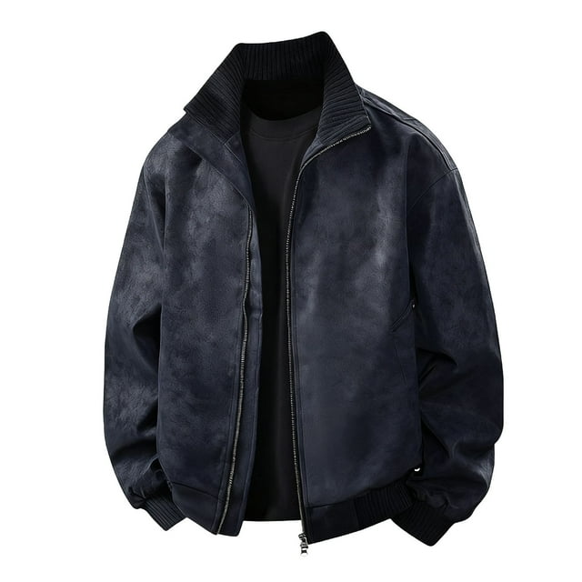 Leather Jacket Men Men's Stylish Leather Jacket with Solid Color and Zipper Pockets, Long Sleeve, Standup Collar Men's Leather Jacket