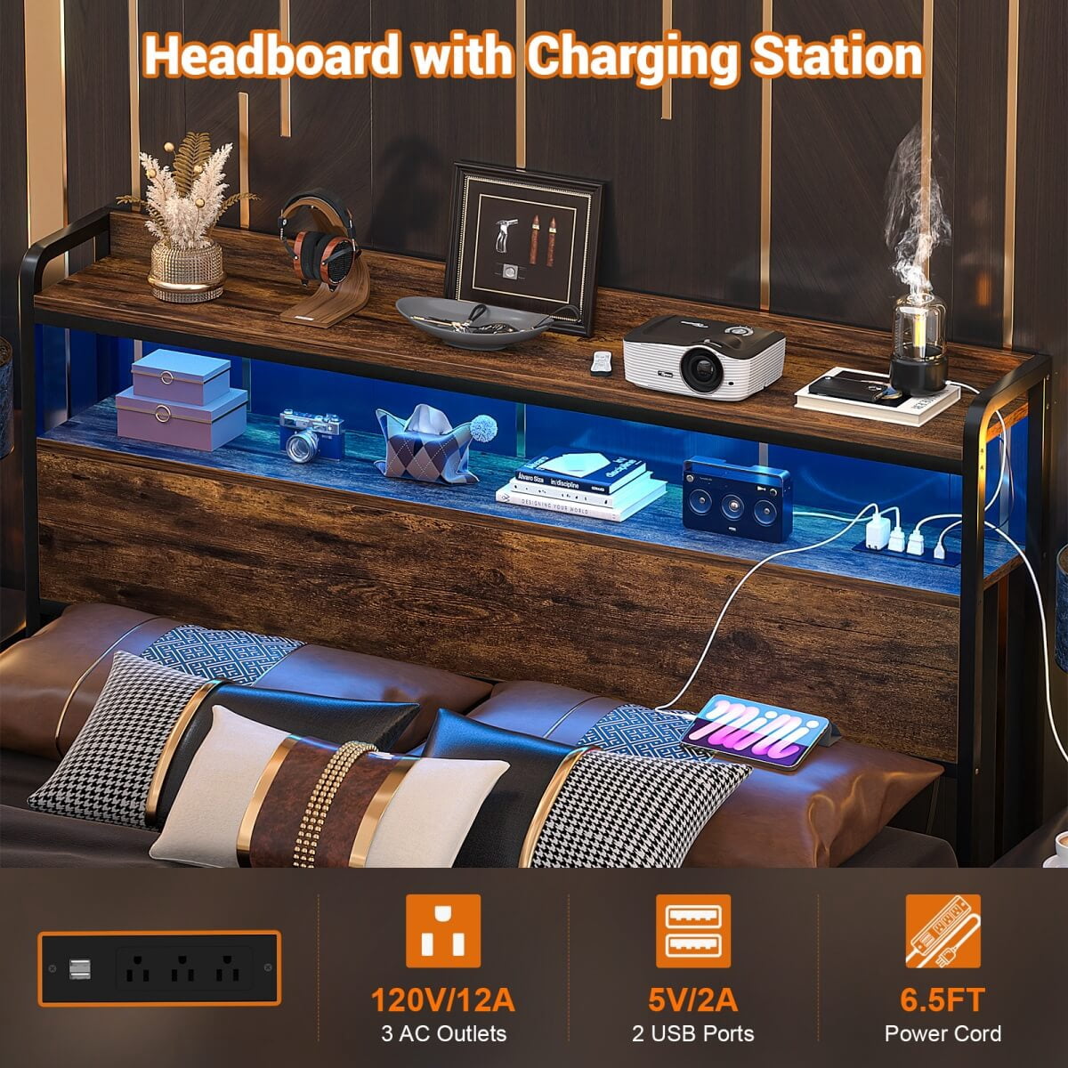 Homieasy Headboard for Full Size Bed Frame, Headboards with Outlets, USB Ports and LED Light, Head Board with Storage, Height Adjustable, Sturdy and Stable Headboard, Black Oak
