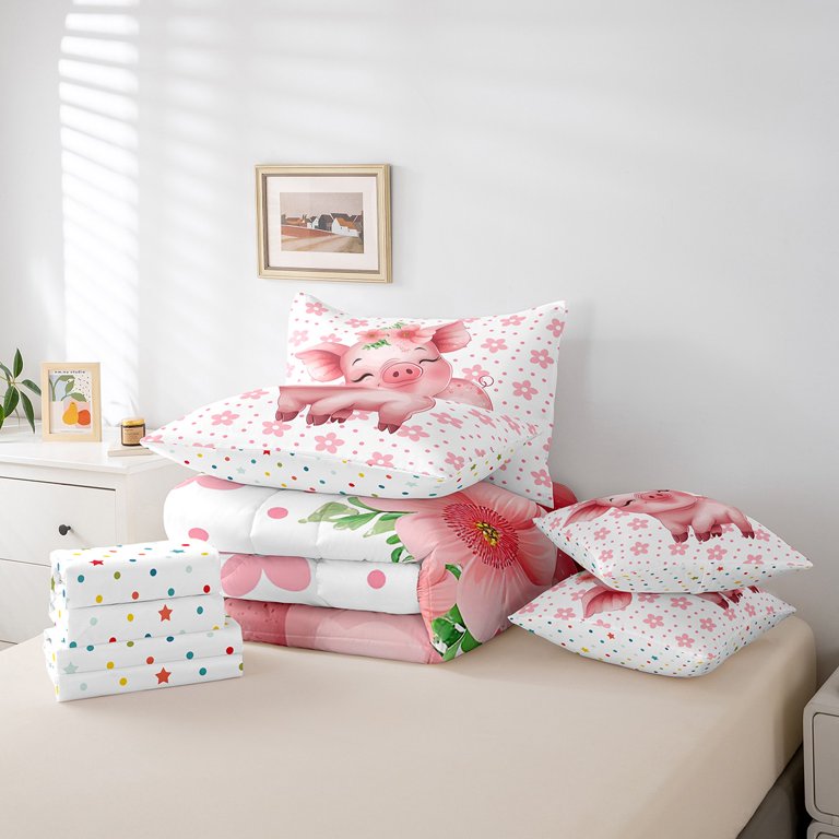 Super Soft 100% Cotton Pig & Sunflower Duvet Cover Set - Kawaii Cartoon Bedding For Kids, Full/Queen/King Sizes
