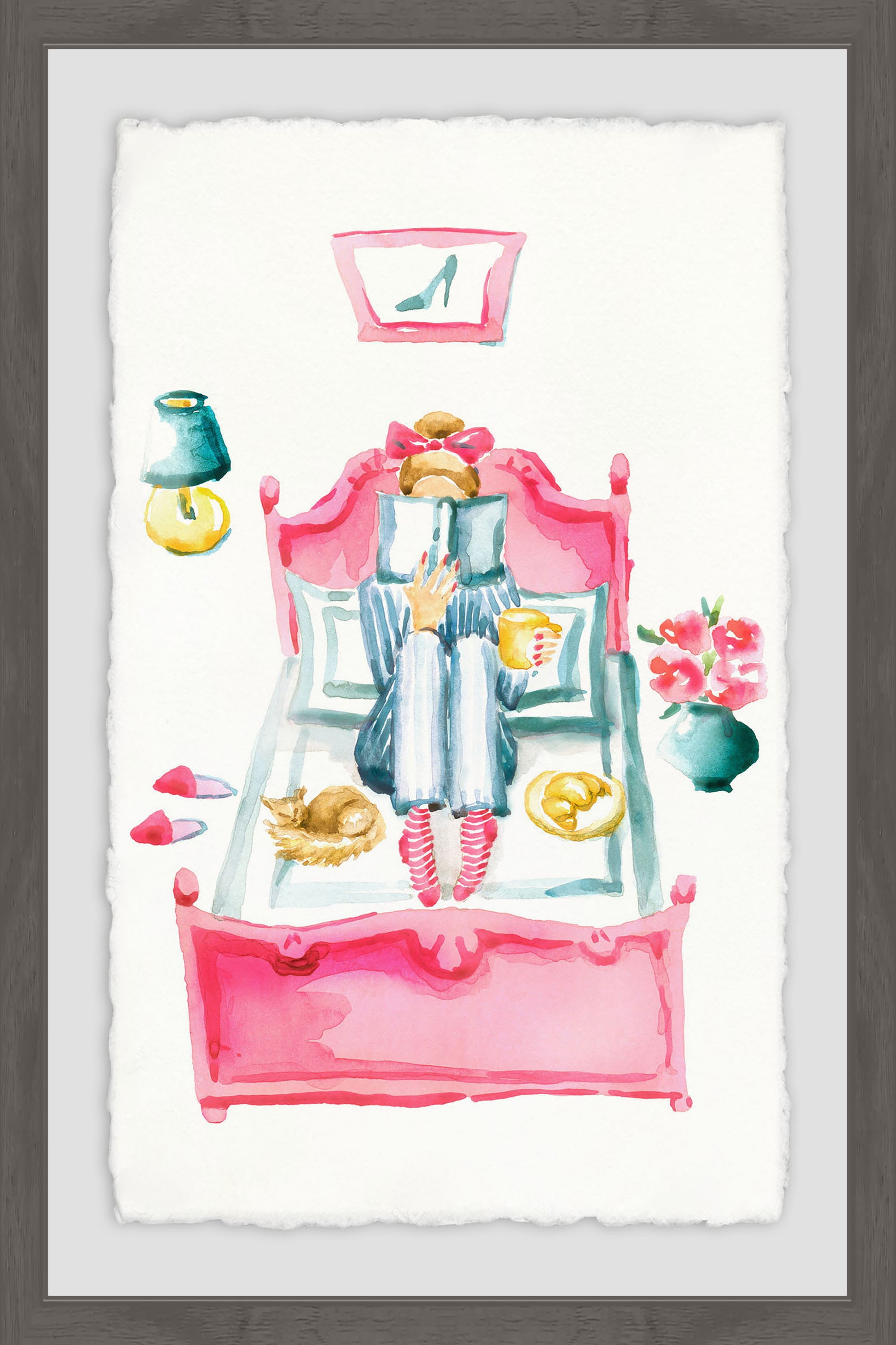 Pink Bed Reading Framed Painting Print