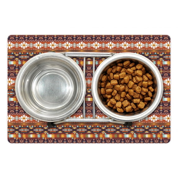 Colorful Pet Mat for Food and Water, Abstract Geometrical Native Aztec Style Composed Arrow Shaped Pattern Print, Non-Slip Rubber Mat for Dogs and Cats, 18" X 12", by Ambesonne