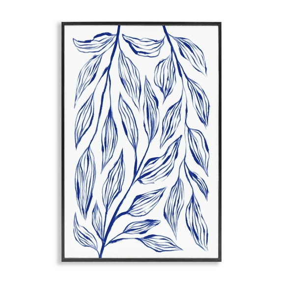 Stupell Industries Simple Blue Leaves on White Floral Painting Black Framed Art Print Wall Art, 12 x 18