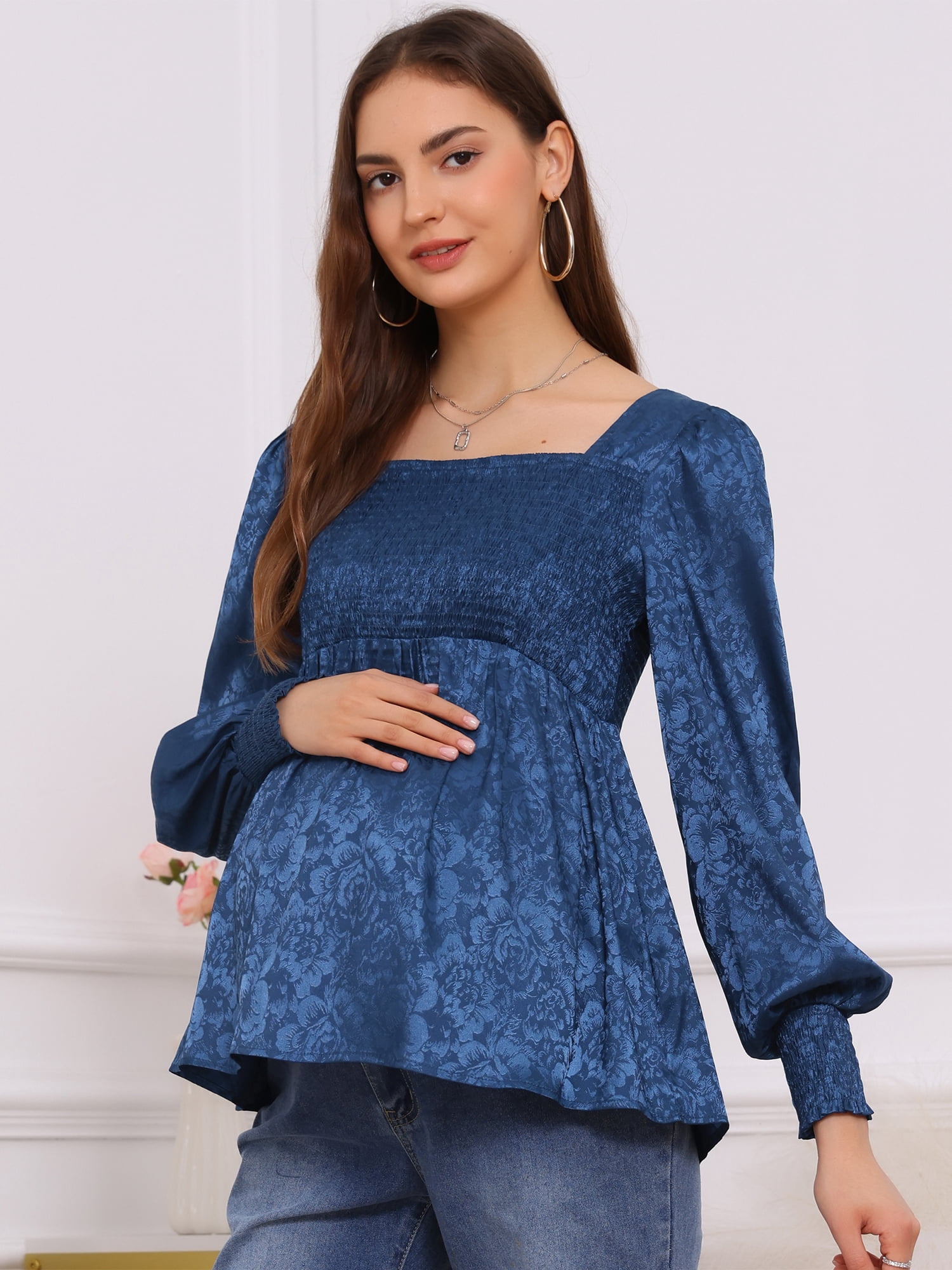 DARING DIVA Women's Maternity Jacquard Square Neck Lantern Sleeve Blouses XL Blue