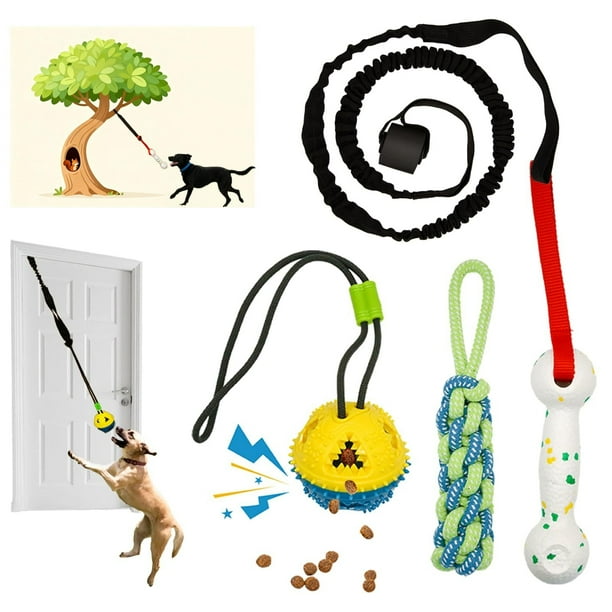 Juego de 4 piezas de juguete de tira y afloja con cuerda elástica para perros. Incluye barra de resorte para colgar en el marco de la puerta, cuerda para tirar en el jardín o árbol, juguet