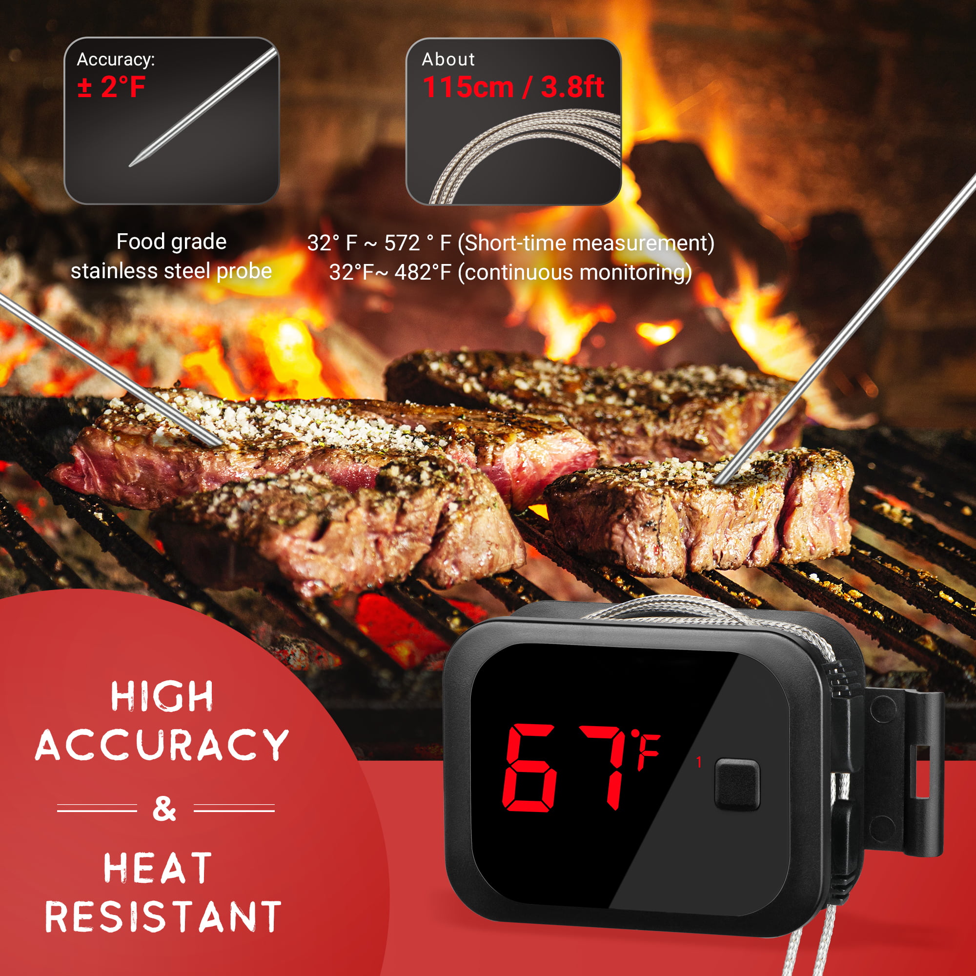 Inkbird IBT-2X Digital BBQ Grill Bluetooth Smoker Thermometer , 150 feet  Wireless Cooking Meat Thermometer with Timer and Alarm for Kitchen Oven  Barbecue, Dual Probes 