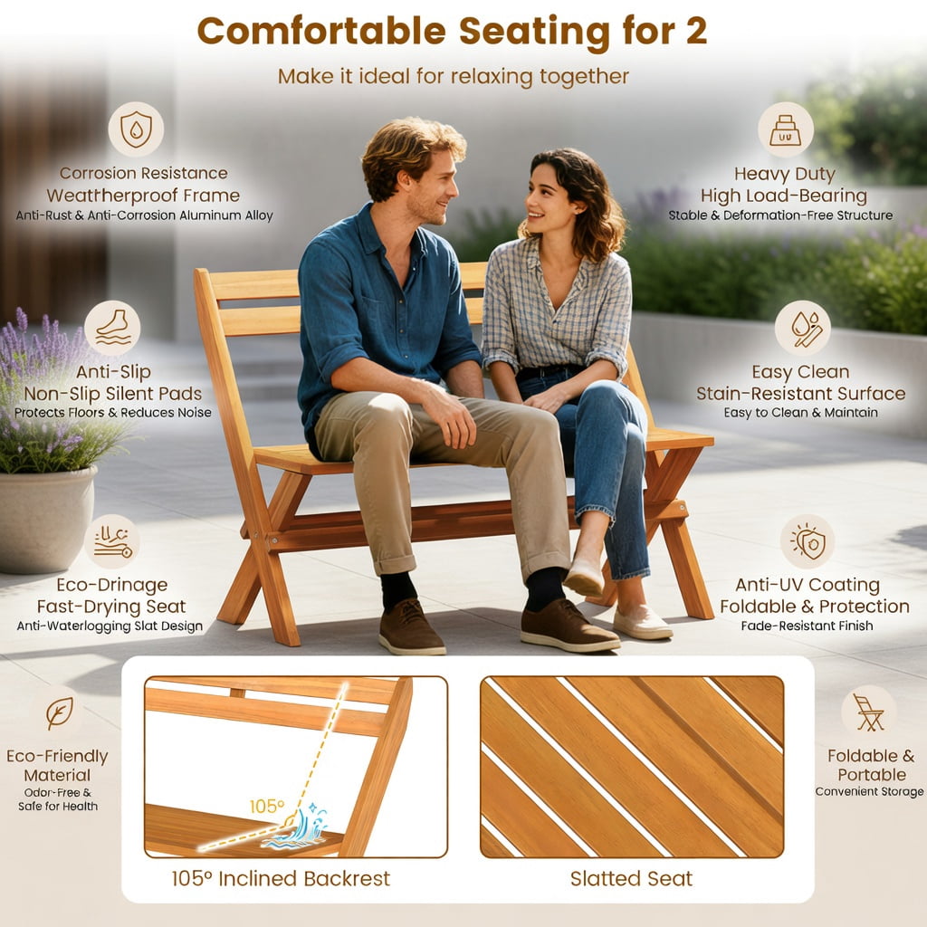 Hommoo 2-Person Folding Acacia Wood Patio Bench, Ergonomic 105° Backrest, Compact Foldable Design for Garden, Porch & Balcony, Natural