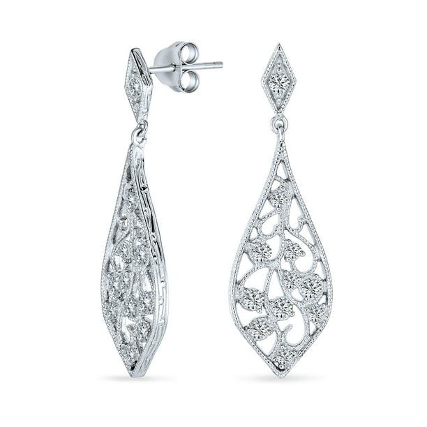 Bridal Teardrop Shaped Cubic Zirconia Dangle CZ Filigree Dangle Earrings for Women Prom 925 Sterling Silver Bridal Teardrop Shaped Cubic Zirconia Dangle CZ Filigree Dangle Earrings for Women Prom 925 Sterling Silver