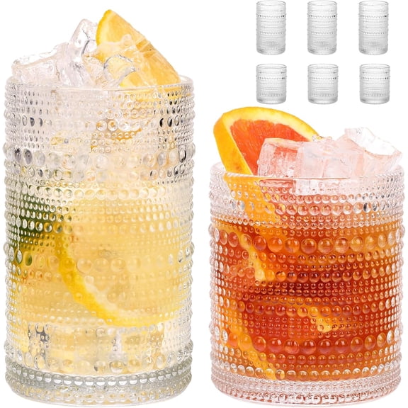 Kitchen Hobnail Drinking Glasses Set of 6, 12 Oz Highball Glasses & 10 Oz Cocktail Glasses, Clear Embossed Boho Glass Cups Kitchen Bar Tumbler Glassware Set for Whiskey, Beer, Juice, Milk