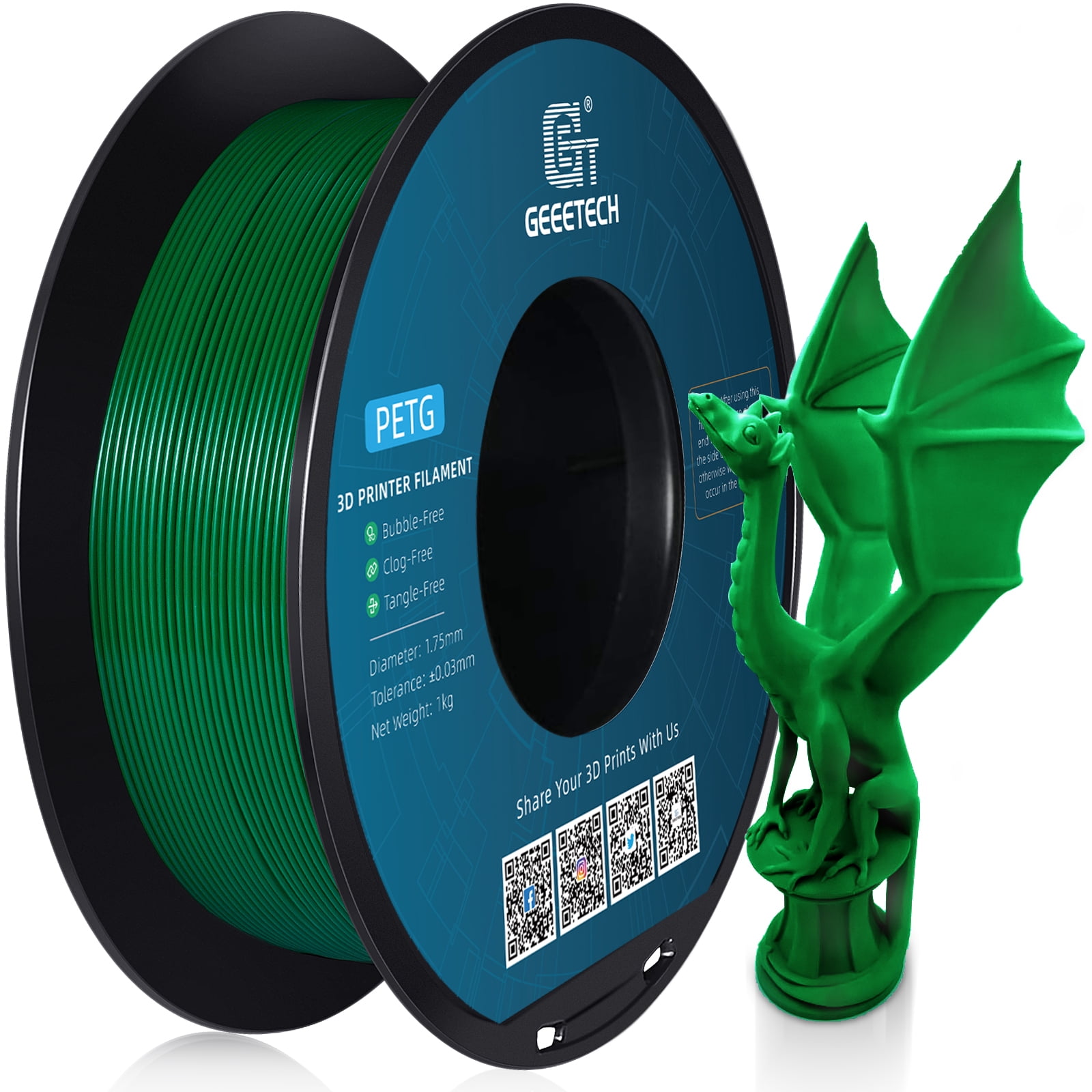GEEETECH Green PETG Filament 1.75mm, Upgrade Stronger Toughness Printing Consumables, 10kg (22 lbs) Spool Fit Most FDM 3D Printer