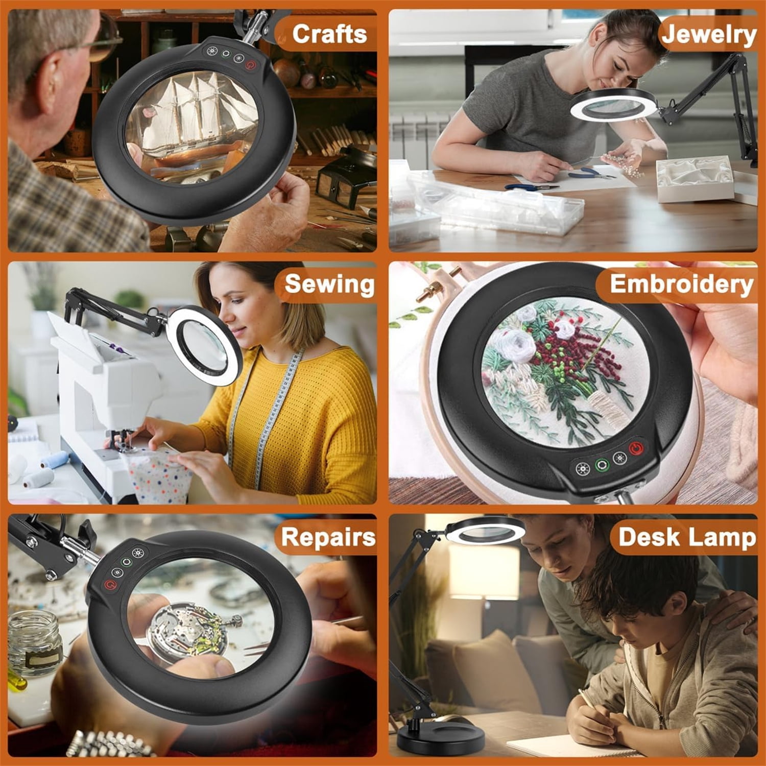 Magnifying Glass with Light, 5 Color Modes Stepless Dimmable 2 in 1 Desk Lamp and Clamp, LED Lighted Magnifier with Light and Stand, Hands Free for Craft Repair Hobby Painting Close Work