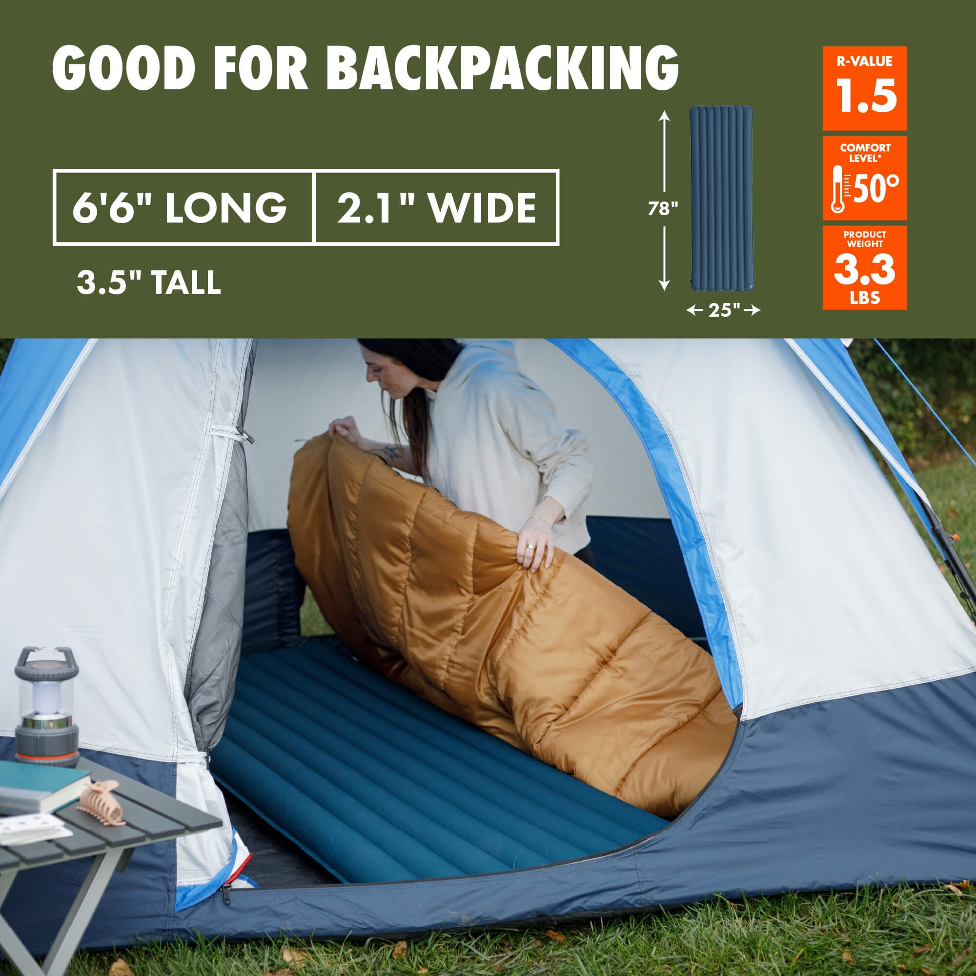 Ozark Trail Adult Inflatable Camp Sleeping Pad - Blue, Size 78"L x 25"W x 3.5"H