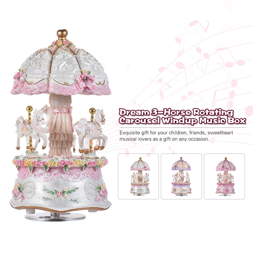 THEE Merry-Go-Round Carrousel Boîte à musique en bois Décoration de maison rose 
