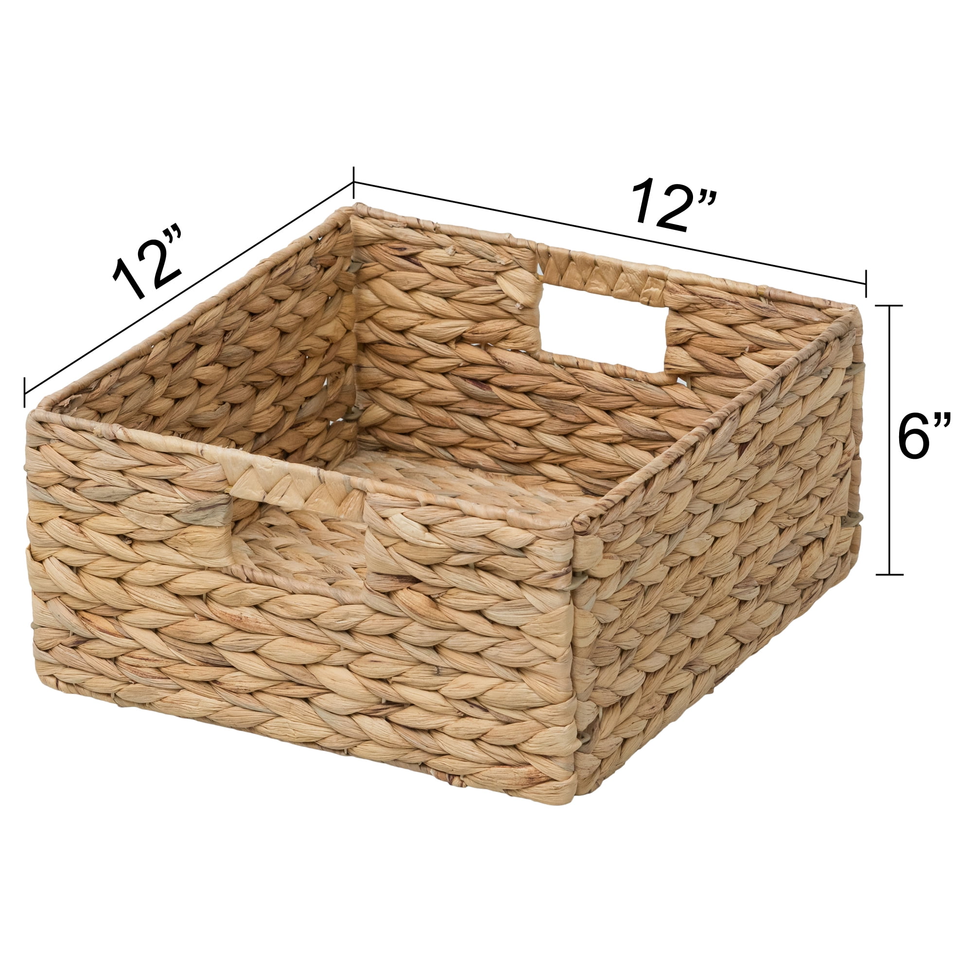 eHemco Large Square Woven Hyacinth Wicker Pantry Storage Baskets with Iron Wire Frame, 12"x12"x6", Natural, Set of 6