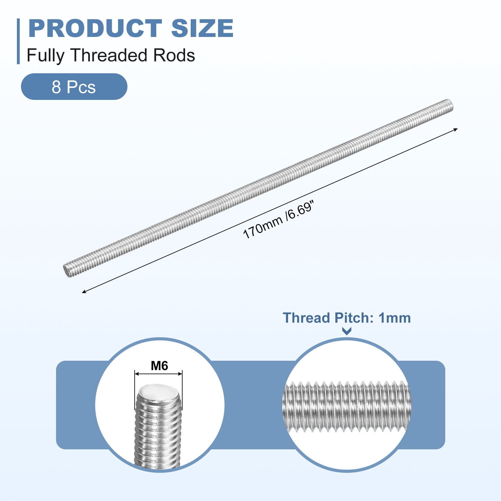 8Pcs M6-1.0x170mm Fully Threaded Rods, 304 Stainless Steel Thread Bar Studs