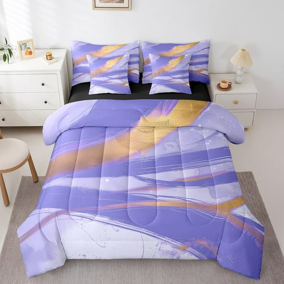 Purple and Gold Gradient Full Comforter Set 7-Piece Navy Blue Ombre Bedding Comforter Sets, Hippie Graffiti Splash Bed in a Bag Chic Brush Stroke Bedding Set, Watercolor Oil Painting Bed Sheets Set