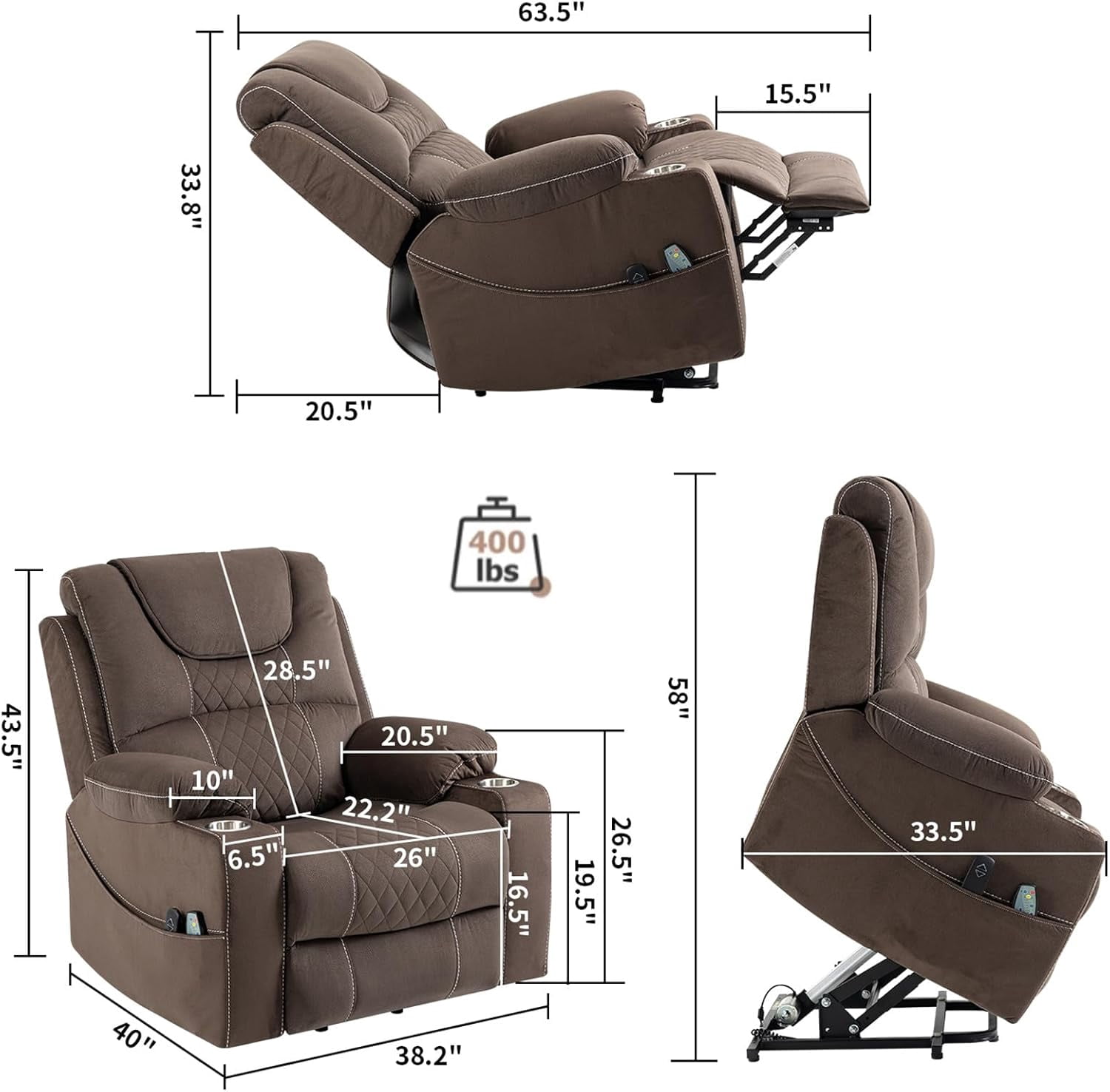 Recliner Lift Chairs for Elderly, HSUNNS 180 Degrees Lay Flat Recliner Chair with Heat and Massage and Cup Holder for Adults 400 lb Capacity (Velvet Brown)