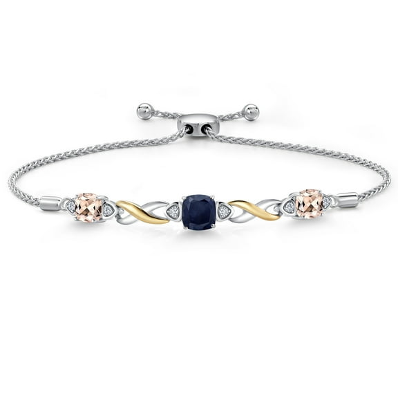 925 Silver and 10K Yellow Gold Blue Sapphire and Peach Morganite and White Lab Grown Diamond Bracelet for Women | 2.43 Cttw | Gemstone September Birthstone | Cushion 6MM | Fully Adjustable 9 inch