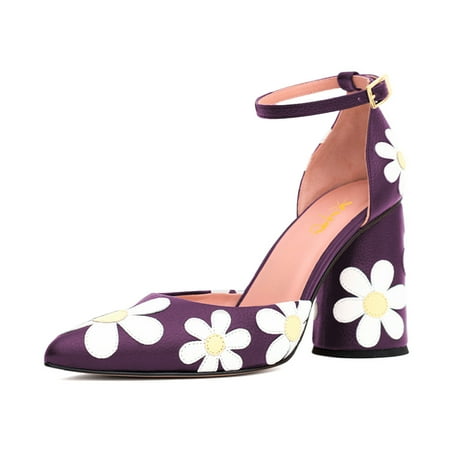 XYD Women D Orsay Flower Pumps Fashion Cylindrical Block High Heels Pointed Toe Ankle Strap Dress Prom Pumps Shoes Size 9.5 Purple