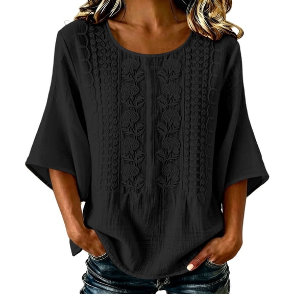 TFEOQRY Women's Cotton Linen Embroidery Blouse 3/4 Sleeve Crew Neck Casual Loose Lightweight Tops for Daily Wear