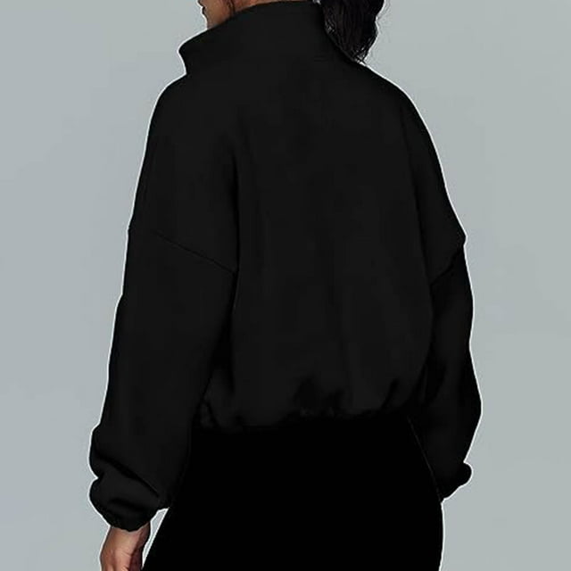 Sudadera de Lana Con Cremallera para Mujer, Sudadera Recortada Informal de manga Larga Con Cuello Levantado y Cordón de color Puro, Cintura Elérica