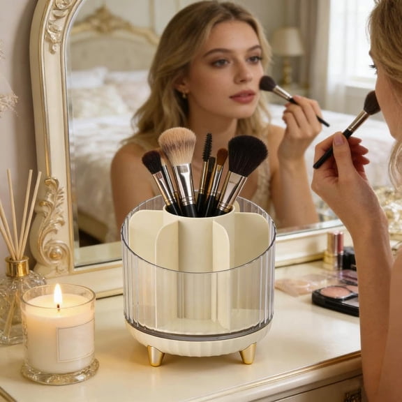 360° Rotating Makeup Organizer, 2026 10" Clear Cosmetic Storage Holder Tray with 6 Compartment Makeup Brush Lip Gloss Organizer Case for Bathroom Cabinet Vanity Desktop (Beige)
