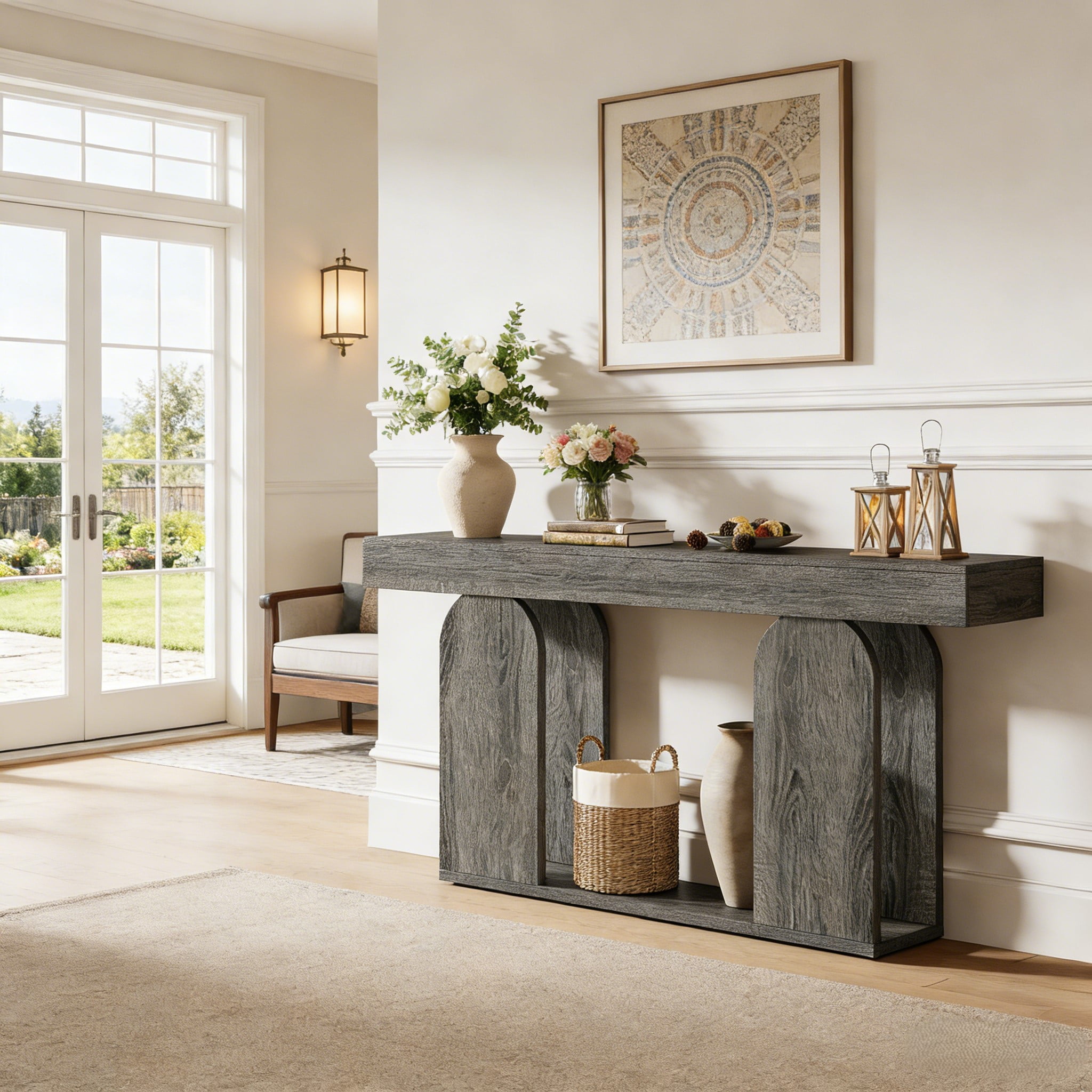 Fnova 70.87" Farmhouse Console Table for Entryway, 2-Tier Storage Long Narrow Wood Entryway Table, Easy Assembly, Gray