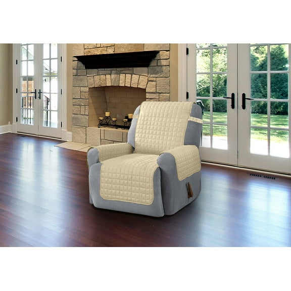 Linen Store Furniture Protector, Quilted Microfiber Machine Washable Cover with Tucks & Elastic Strap Perfect for Kids, Dogs, Pets (Beige, Recliner)