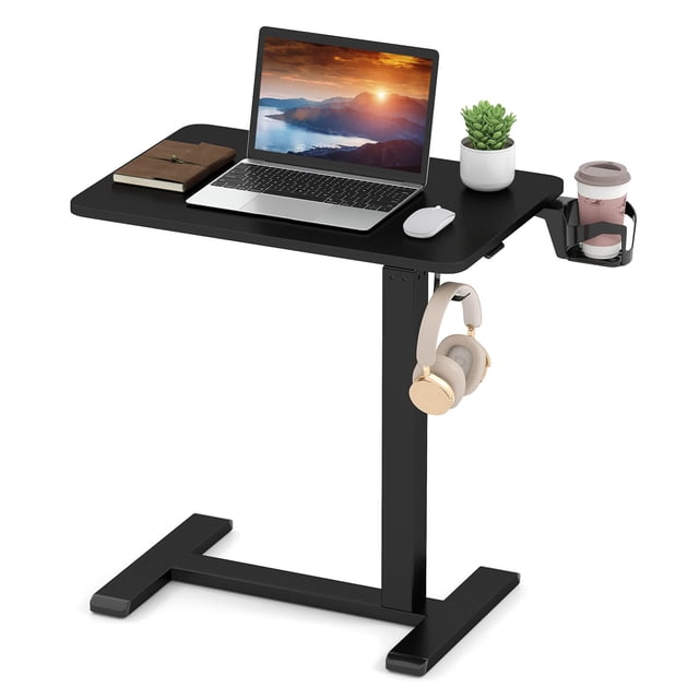 Costway C Shaped Side Table Height Adjustable Overbed Bedside Table with Hook & Cup Holder Black
