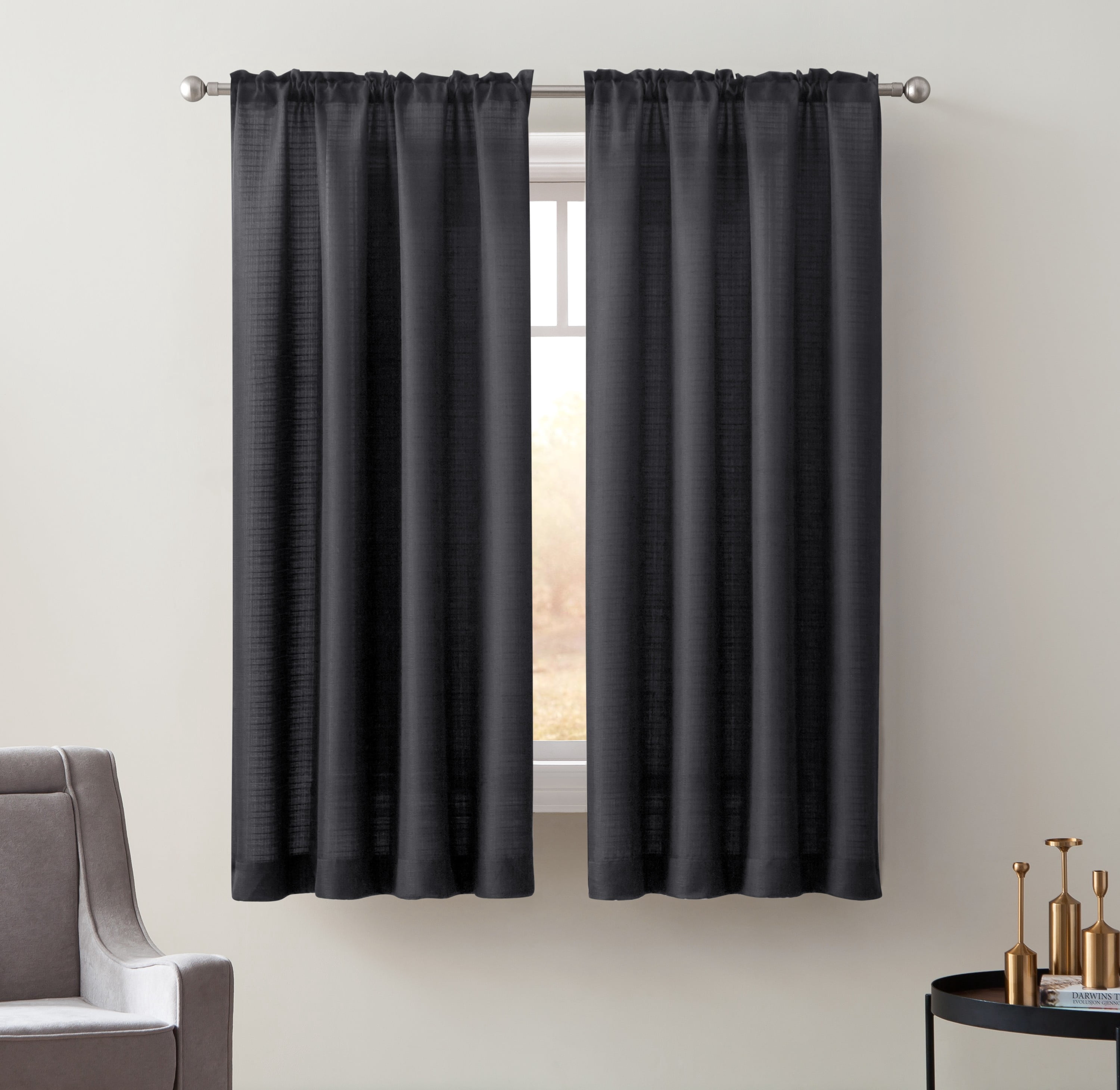 Mainstays Bennett Textured Curtain, Black 63 inch, Set of (2)