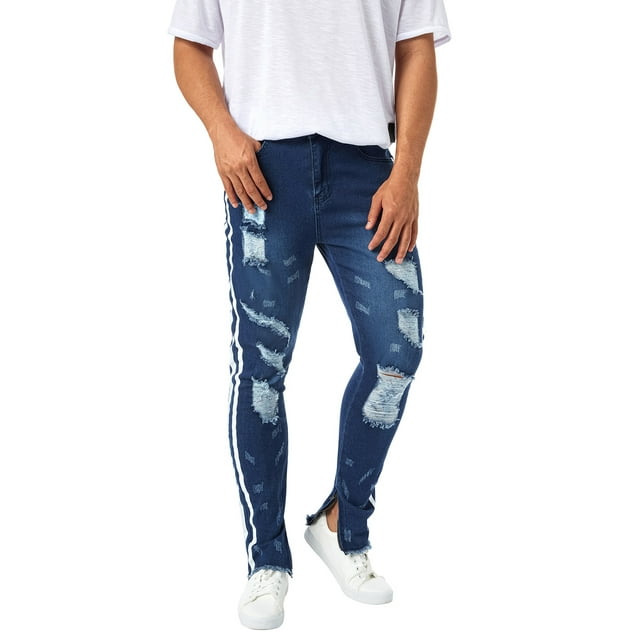 xiaxaixu Men's Slim Jeans Ragged Design Side Stripe Print Mid Waist Zip Button Straight Casual Pencil Trousers